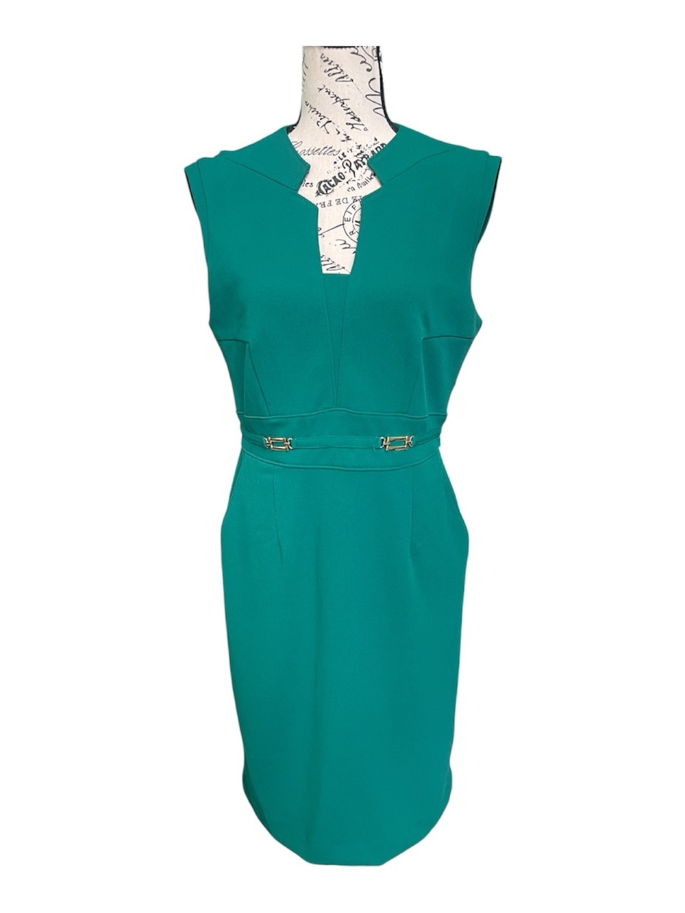Tahari Teal Sheath Dress with Notch Detail